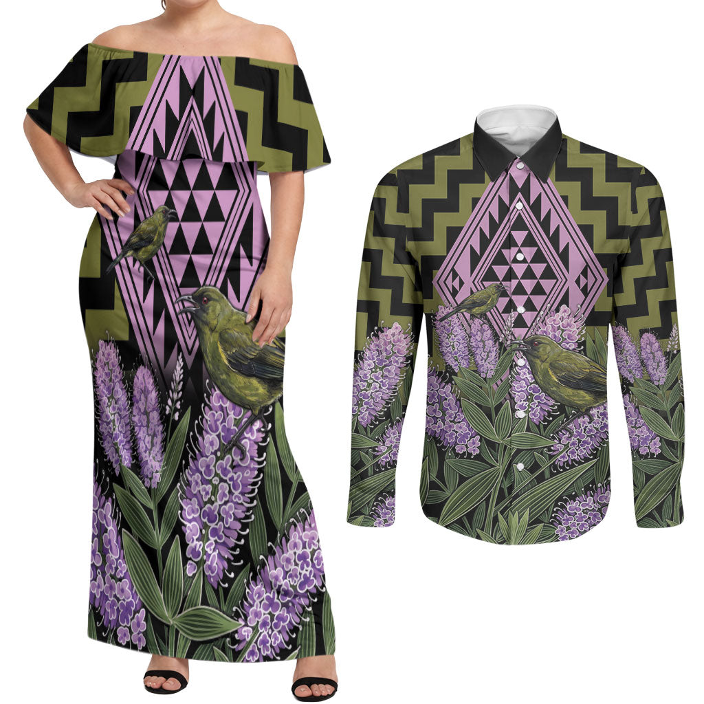 Rongoa Maori New Zealand Koromiko Couples Matching Off Shoulder Maxi Dress and Long Sleeve Button Shirt NZ Hebe Korimako Bellbird Poutama