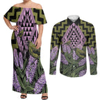 Rongoa Maori New Zealand Koromiko Couples Matching Off Shoulder Maxi Dress and Long Sleeve Button Shirt NZ Hebe Korimako Bellbird Poutama