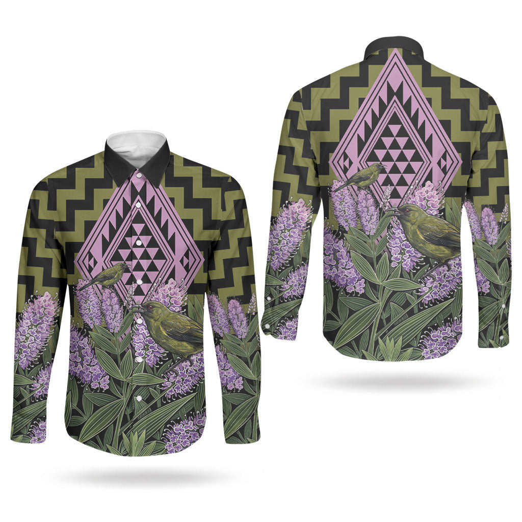 Rongoa Maori New Zealand Koromiko Couples Matching Off Shoulder Maxi Dress and Long Sleeve Button Shirt NZ Hebe Korimako Bellbird Poutama