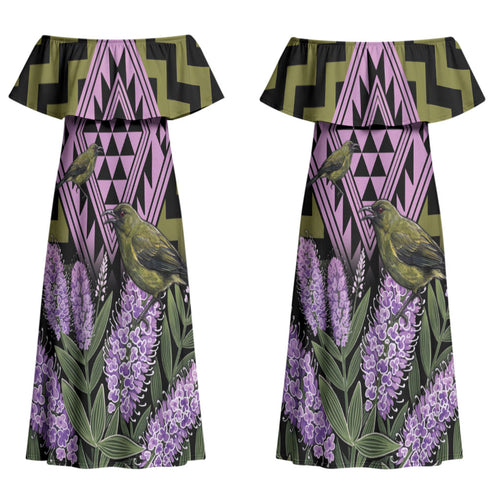 Rongoa Maori New Zealand Koromiko Couples Matching Off Shoulder Maxi Dress and Long Sleeve Button Shirt NZ Hebe Korimako Bellbird Poutama