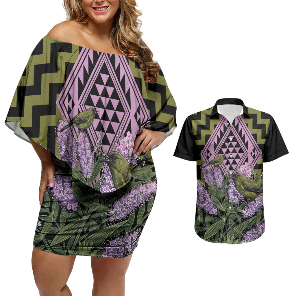 Rongoa Maori New Zealand Koromiko Couples Matching Off Shoulder Short Dress and Hawaiian Shirt NZ Hebe Korimako Bellbird Poutama