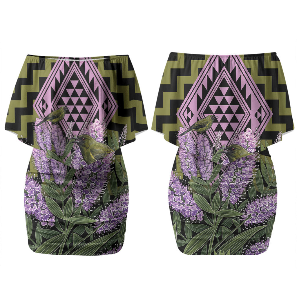 Rongoa Maori New Zealand Koromiko Couples Matching Off Shoulder Short Dress and Hawaiian Shirt NZ Hebe Korimako Bellbird Poutama