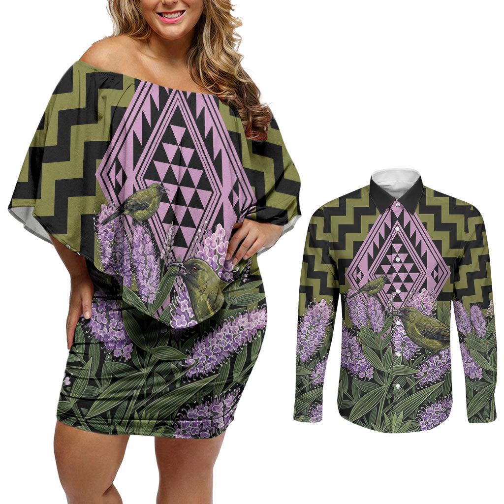 Rongoa Maori New Zealand Koromiko Couples Matching Off Shoulder Short Dress and Long Sleeve Button Shirt NZ Hebe Korimako Bellbird Poutama
