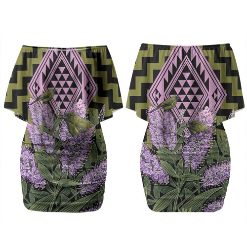 Rongoa Maori New Zealand Koromiko Couples Matching Off Shoulder Short Dress and Long Sleeve Button Shirt NZ Hebe Korimako Bellbird Poutama