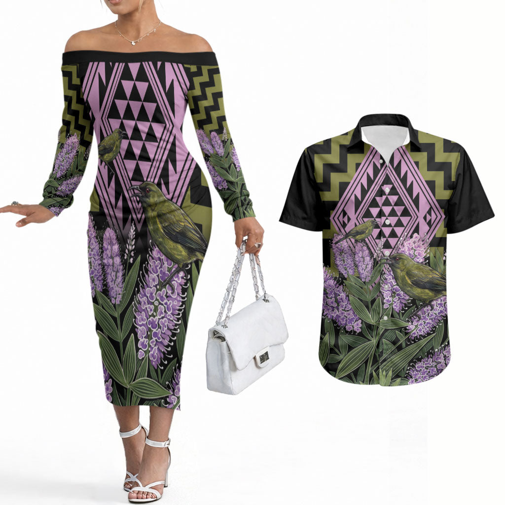 Rongoa Maori New Zealand Koromiko Couples Matching Off The Shoulder Long Sleeve Dress and Hawaiian Shirt NZ Hebe Korimako Bellbird Poutama