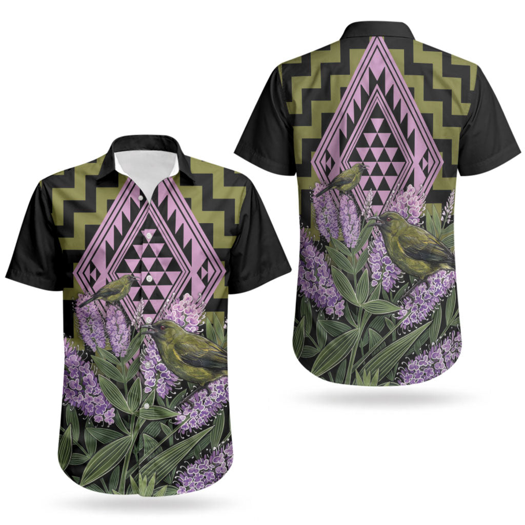 Rongoa Maori New Zealand Koromiko Couples Matching Off The Shoulder Long Sleeve Dress and Hawaiian Shirt NZ Hebe Korimako Bellbird Poutama