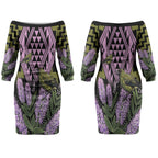 Rongoa Maori New Zealand Koromiko Couples Matching Off The Shoulder Long Sleeve Dress and Hawaiian Shirt NZ Hebe Korimako Bellbird Poutama