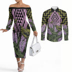 Rongoa Maori New Zealand Koromiko Couples Matching Off The Shoulder Long Sleeve Dress and Long Sleeve Button Shirt NZ Hebe Korimako Bellbird Poutama