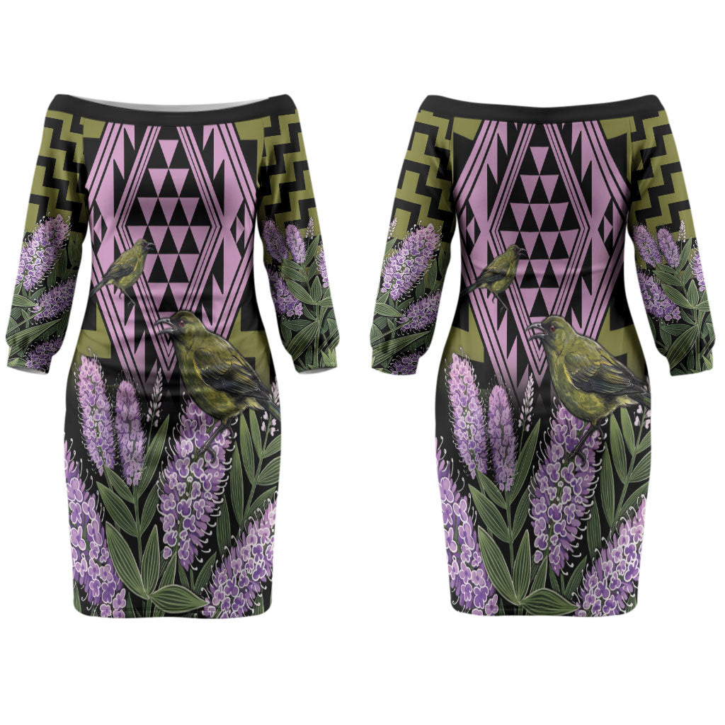 Rongoa Maori New Zealand Koromiko Couples Matching Off The Shoulder Long Sleeve Dress and Long Sleeve Button Shirt NZ Hebe Korimako Bellbird Poutama