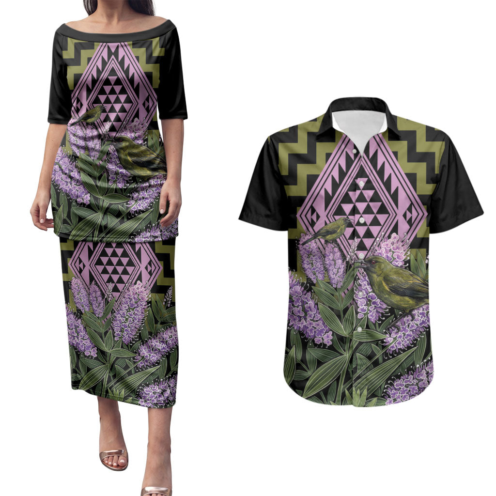 Rongoa Maori New Zealand Koromiko Couples Matching Puletasi and Hawaiian Shirt NZ Hebe Korimako Bellbird Poutama
