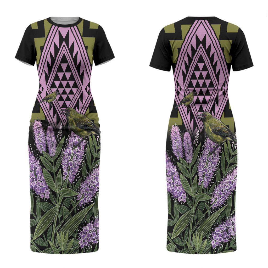 Rongoa Maori New Zealand Koromiko Couples Matching Short Sleeve Bodycon Dress and Hawaiian Shirt NZ Hebe Korimako Bellbird Poutama