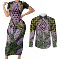 Rongoa Maori New Zealand Koromiko Couples Matching Short Sleeve Bodycon Dress and Long Sleeve Button Shirt NZ Hebe Korimako Bellbird Poutama