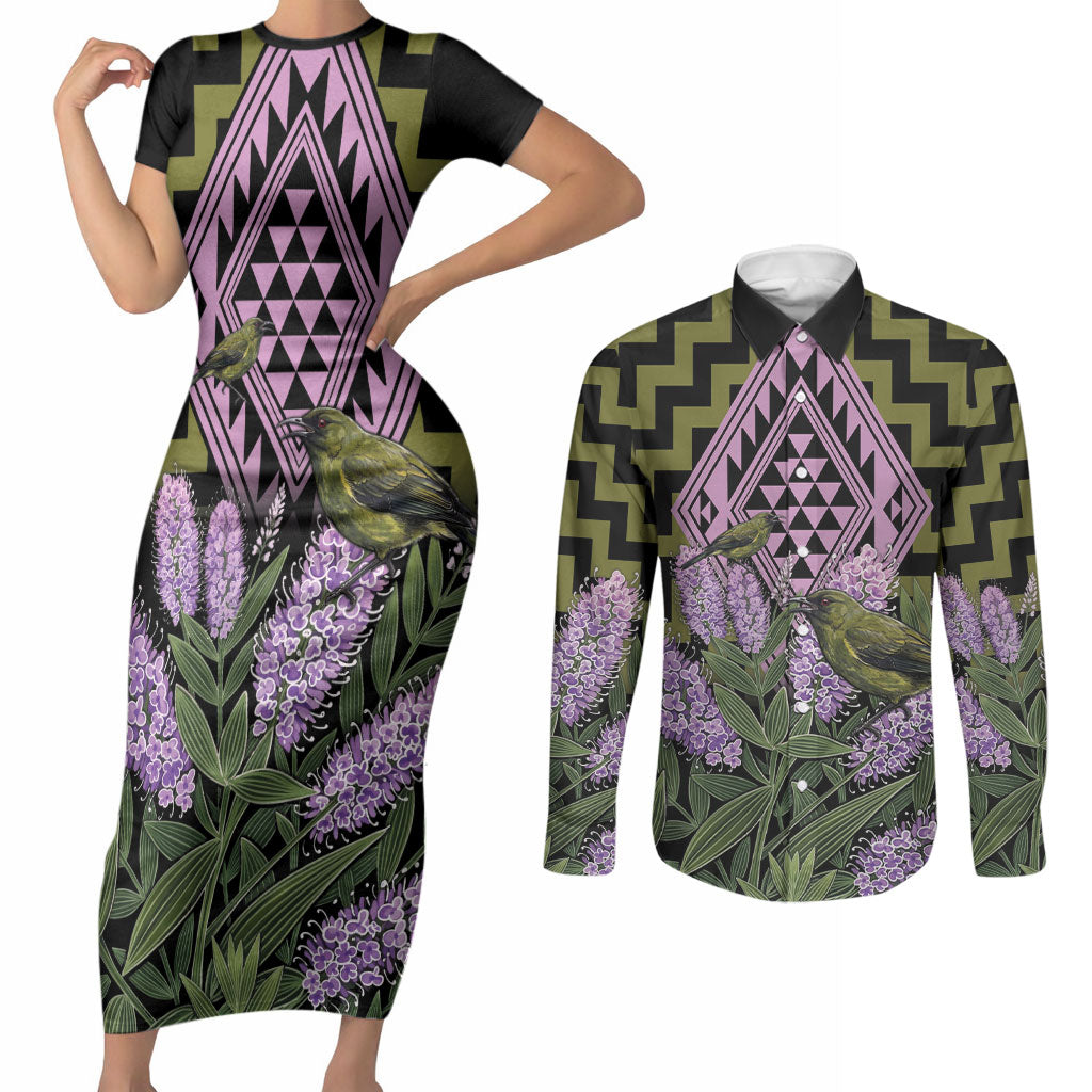 Rongoa Maori New Zealand Koromiko Couples Matching Short Sleeve Bodycon Dress and Long Sleeve Button Shirt NZ Hebe Korimako Bellbird Poutama