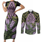 Rongoa Maori New Zealand Koromiko Couples Matching Short Sleeve Bodycon Dress and Long Sleeve Button Shirt NZ Hebe Korimako Bellbird Poutama