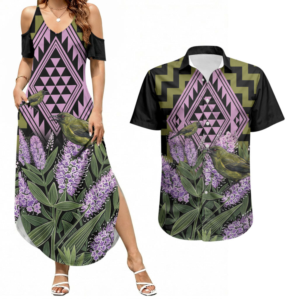 Rongoa Maori New Zealand Koromiko Couples Matching Summer Maxi Dress and Hawaiian Shirt NZ Hebe Korimako Bellbird Poutama