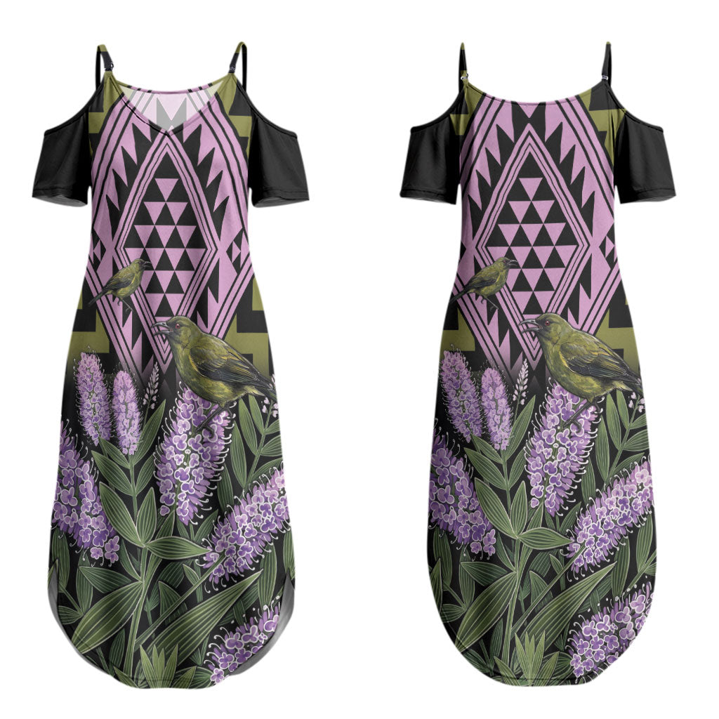 Rongoa Maori New Zealand Koromiko Couples Matching Summer Maxi Dress and Hawaiian Shirt NZ Hebe Korimako Bellbird Poutama