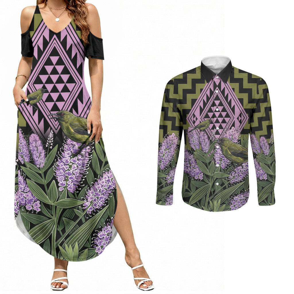 Rongoa Maori New Zealand Koromiko Couples Matching Summer Maxi Dress and Long Sleeve Button Shirt NZ Hebe Korimako Bellbird Poutama