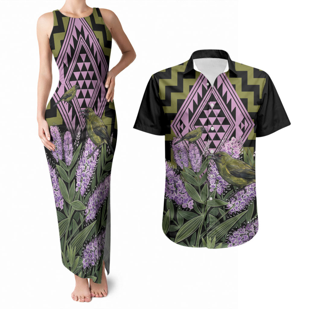 Rongoa Maori New Zealand Koromiko Couples Matching Tank Maxi Dress and Hawaiian Shirt NZ Hebe Korimako Bellbird Poutama