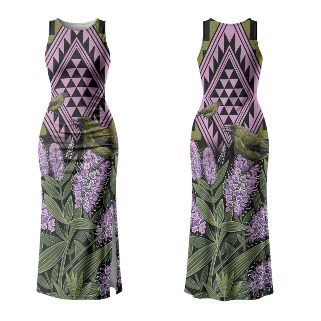 Rongoa Maori New Zealand Koromiko Couples Matching Tank Maxi Dress and Hawaiian Shirt NZ Hebe Korimako Bellbird Poutama