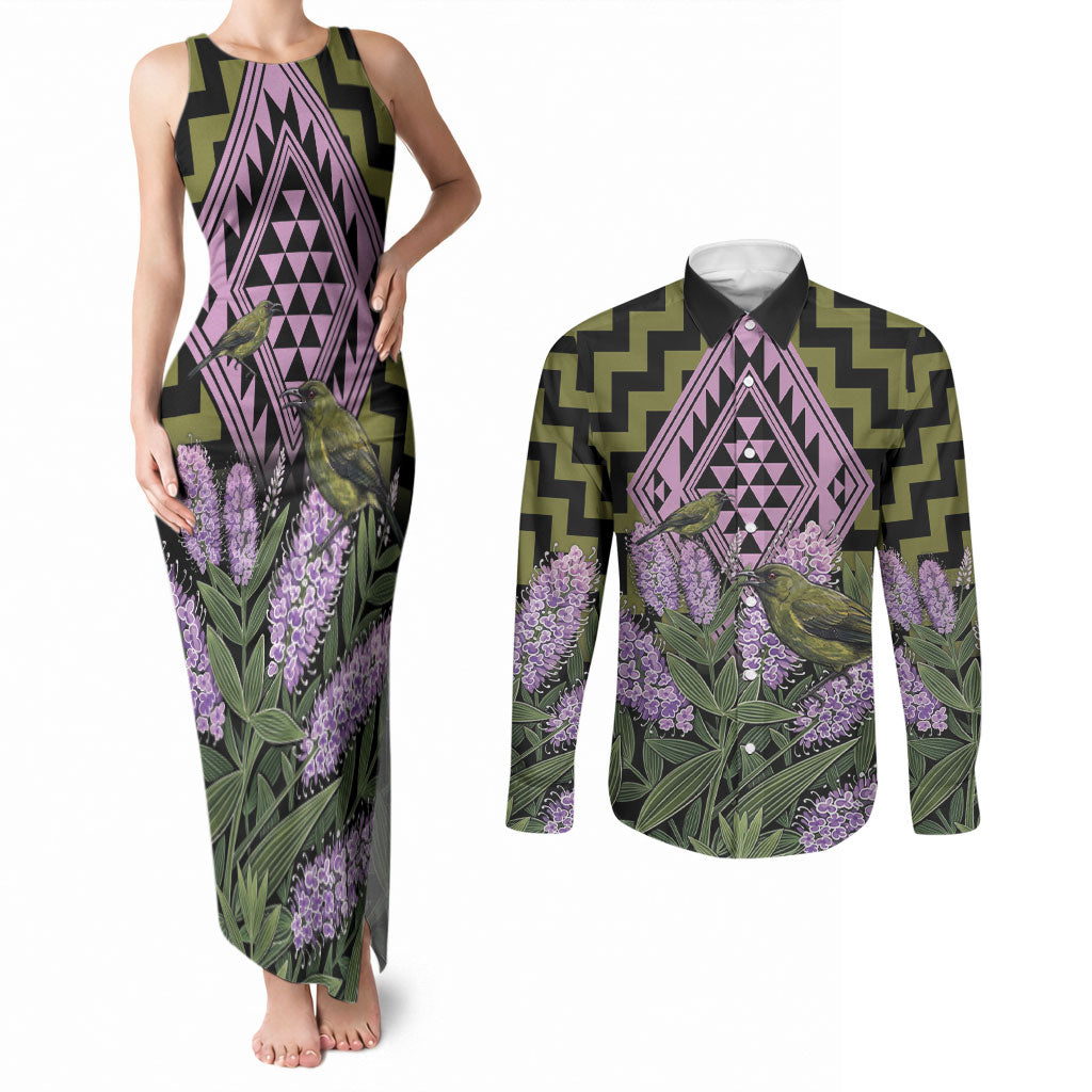 Rongoa Maori New Zealand Koromiko Couples Matching Tank Maxi Dress and Long Sleeve Button Shirt NZ Hebe Korimako Bellbird Poutama