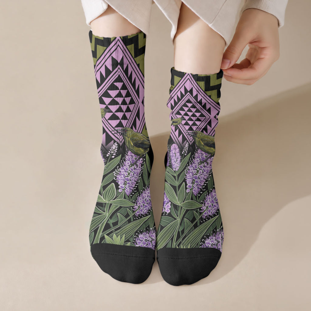Rongoa Maori New Zealand Koromiko Crew Socks NZ Hebe Korimako Bellbird Poutama