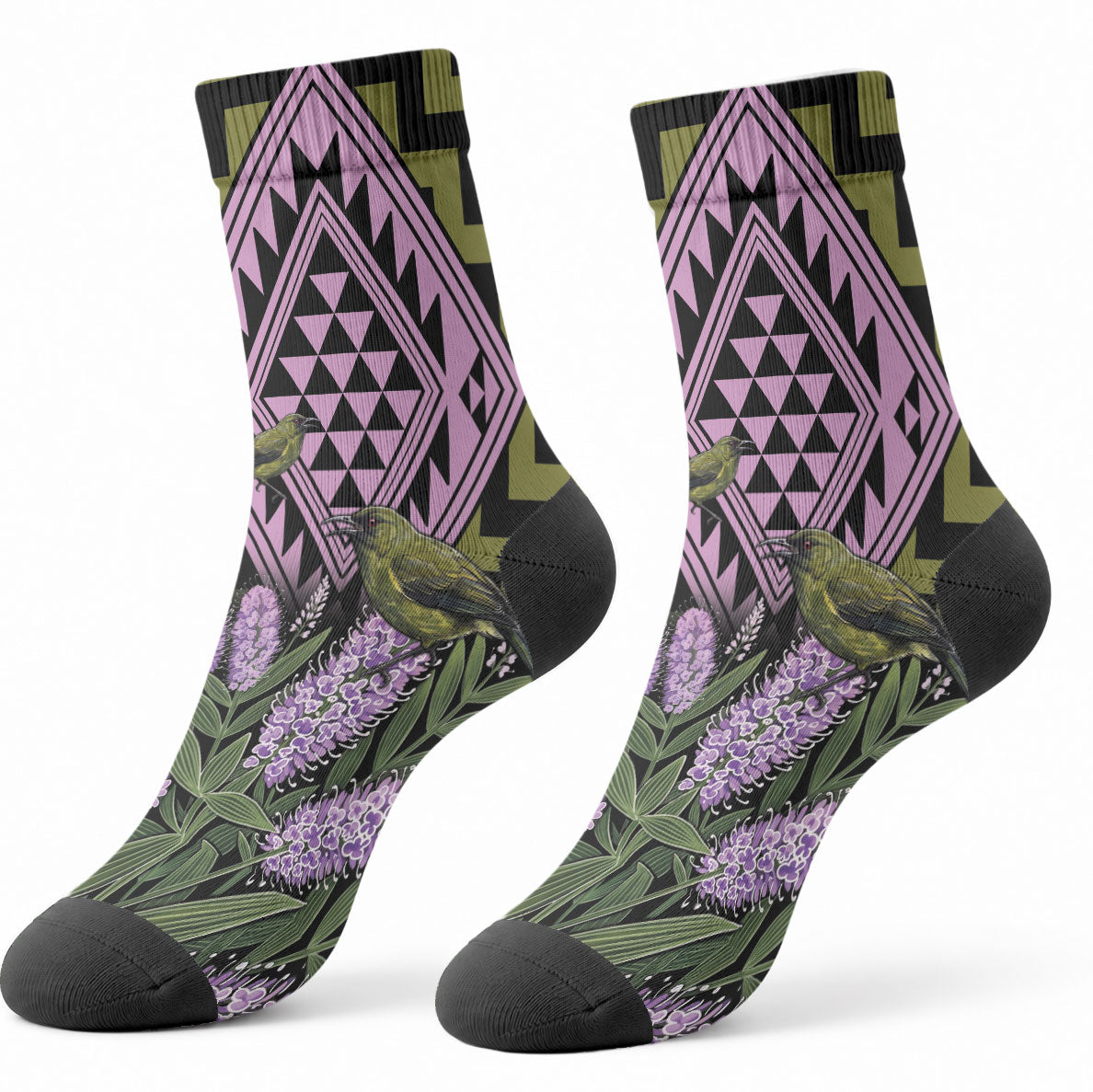 Rongoa Maori New Zealand Koromiko Crew Socks NZ Hebe Korimako Bellbird Poutama