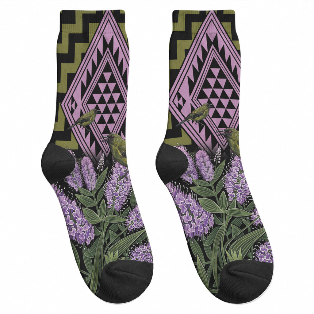 Rongoa Maori New Zealand Koromiko Crew Socks NZ Hebe Korimako Bellbird Poutama