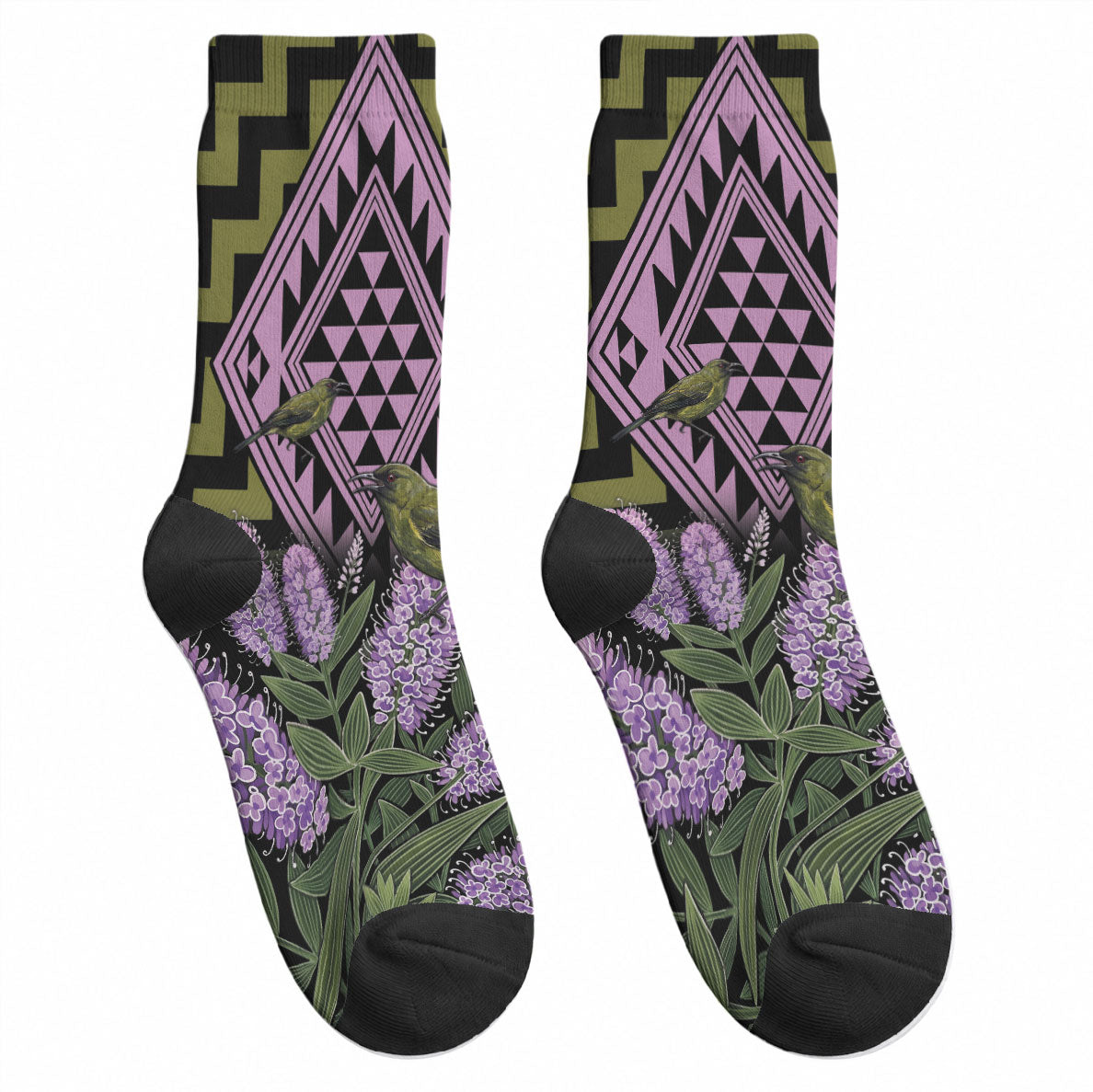Rongoa Maori New Zealand Koromiko Crew Socks NZ Hebe Korimako Bellbird Poutama