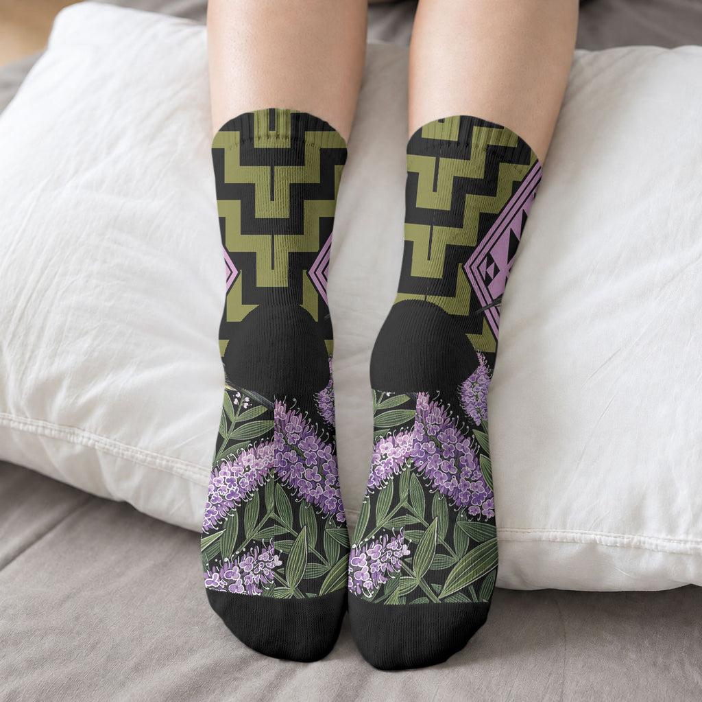 Rongoa Maori New Zealand Koromiko Crew Socks NZ Hebe Korimako Bellbird Poutama