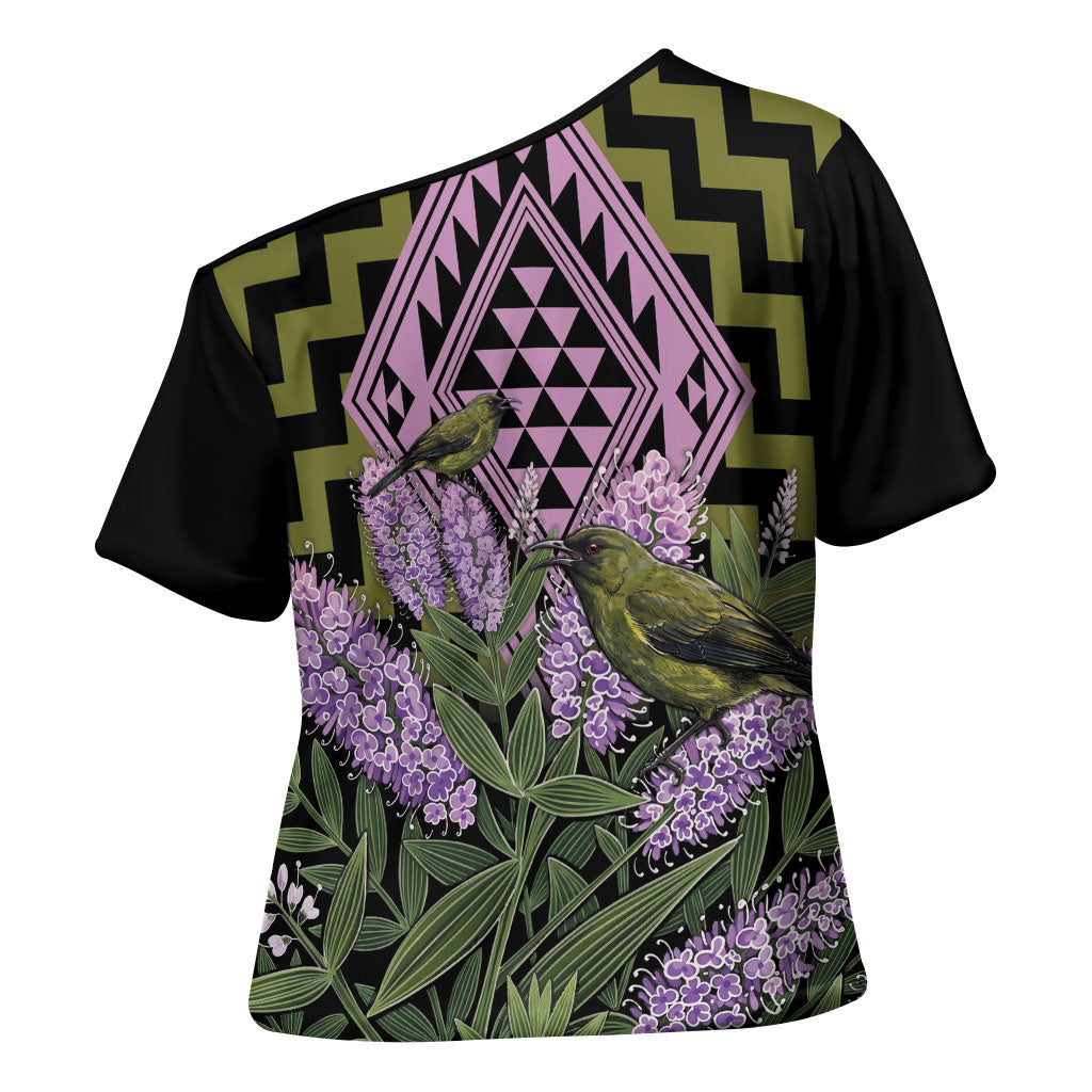 Rongoa Maori New Zealand Koromiko Cross Shoulder Shirt NZ Hebe Korimako Bellbird Poutama