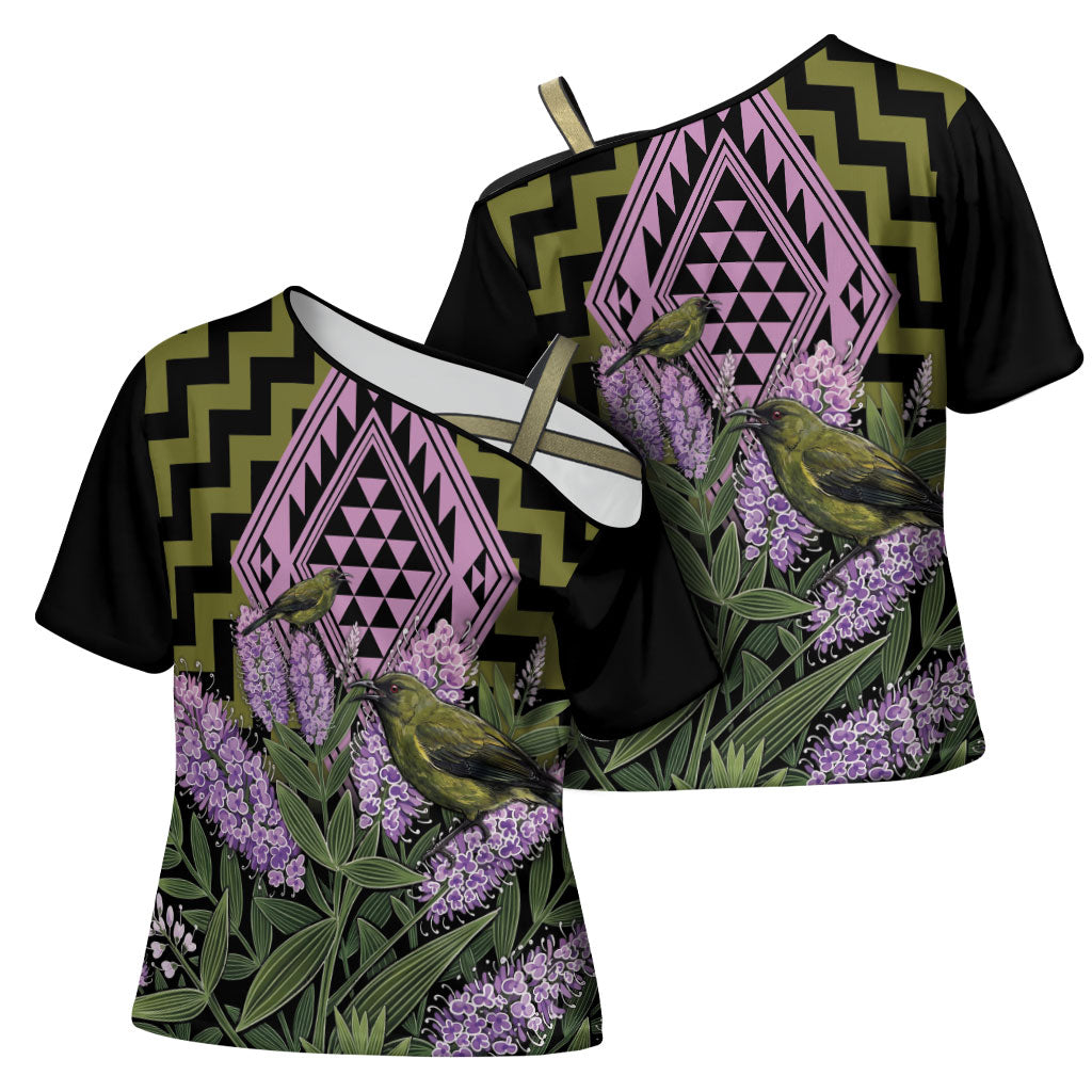 Rongoa Maori New Zealand Koromiko Cross Shoulder Shirt NZ Hebe Korimako Bellbird Poutama