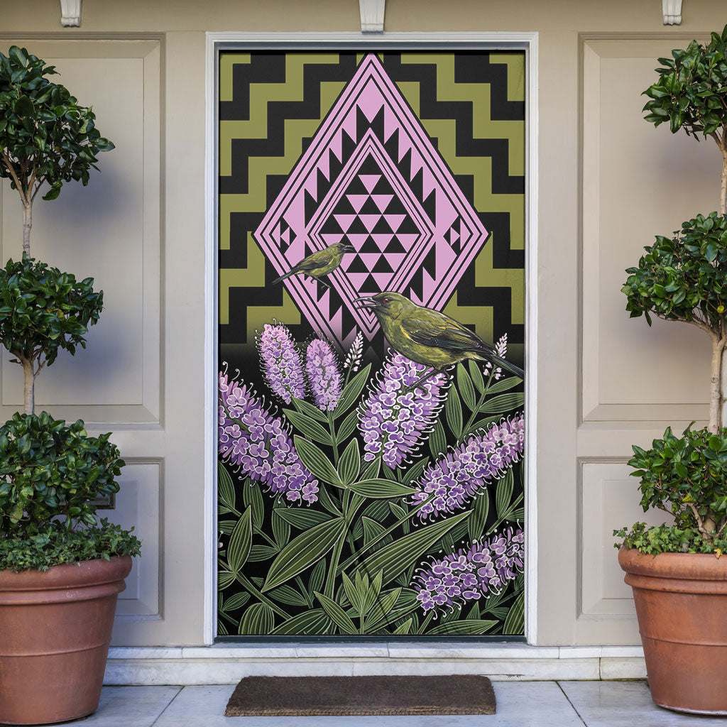 Rongoa Maori New Zealand Koromiko Door Cover NZ Hebe Korimako Bellbird Poutama