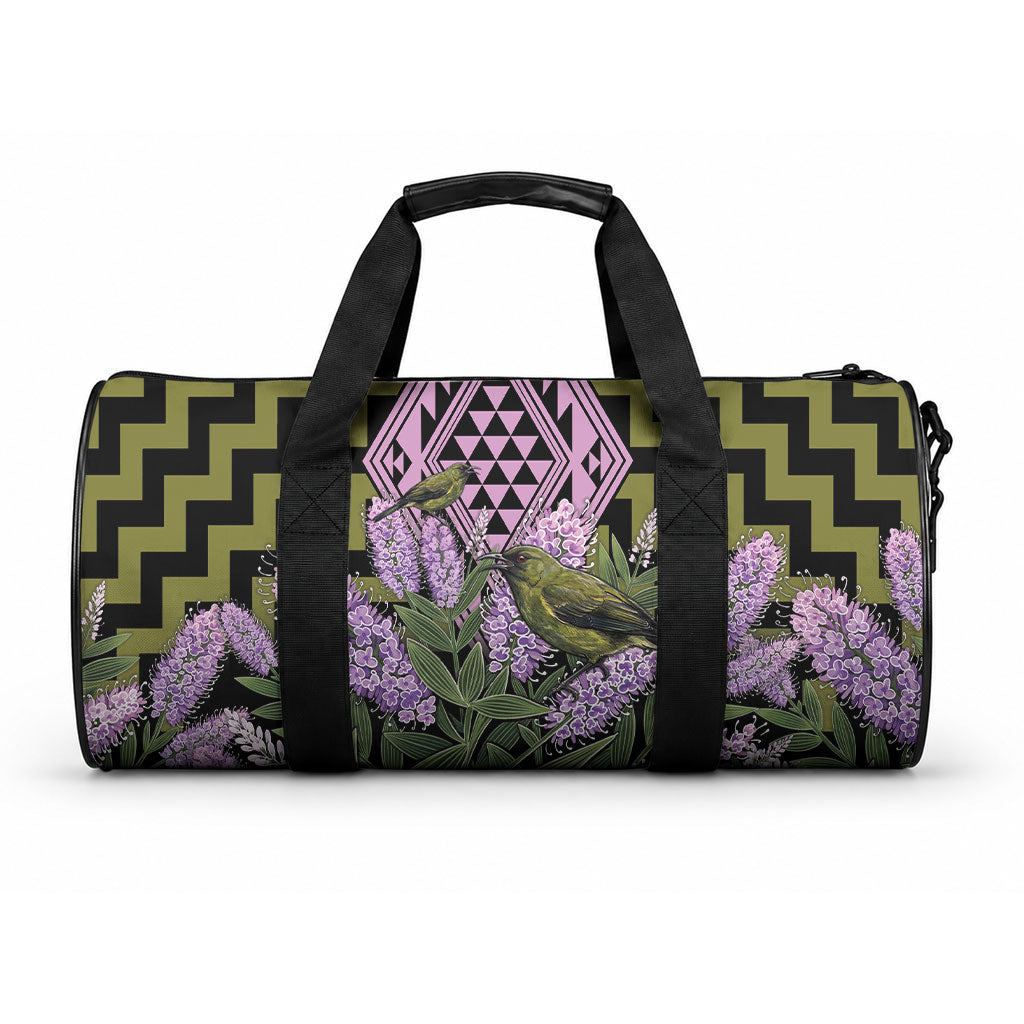 Rongoa Maori New Zealand Koromiko Duffle Bag NZ Hebe Korimako Bellbird Poutama
