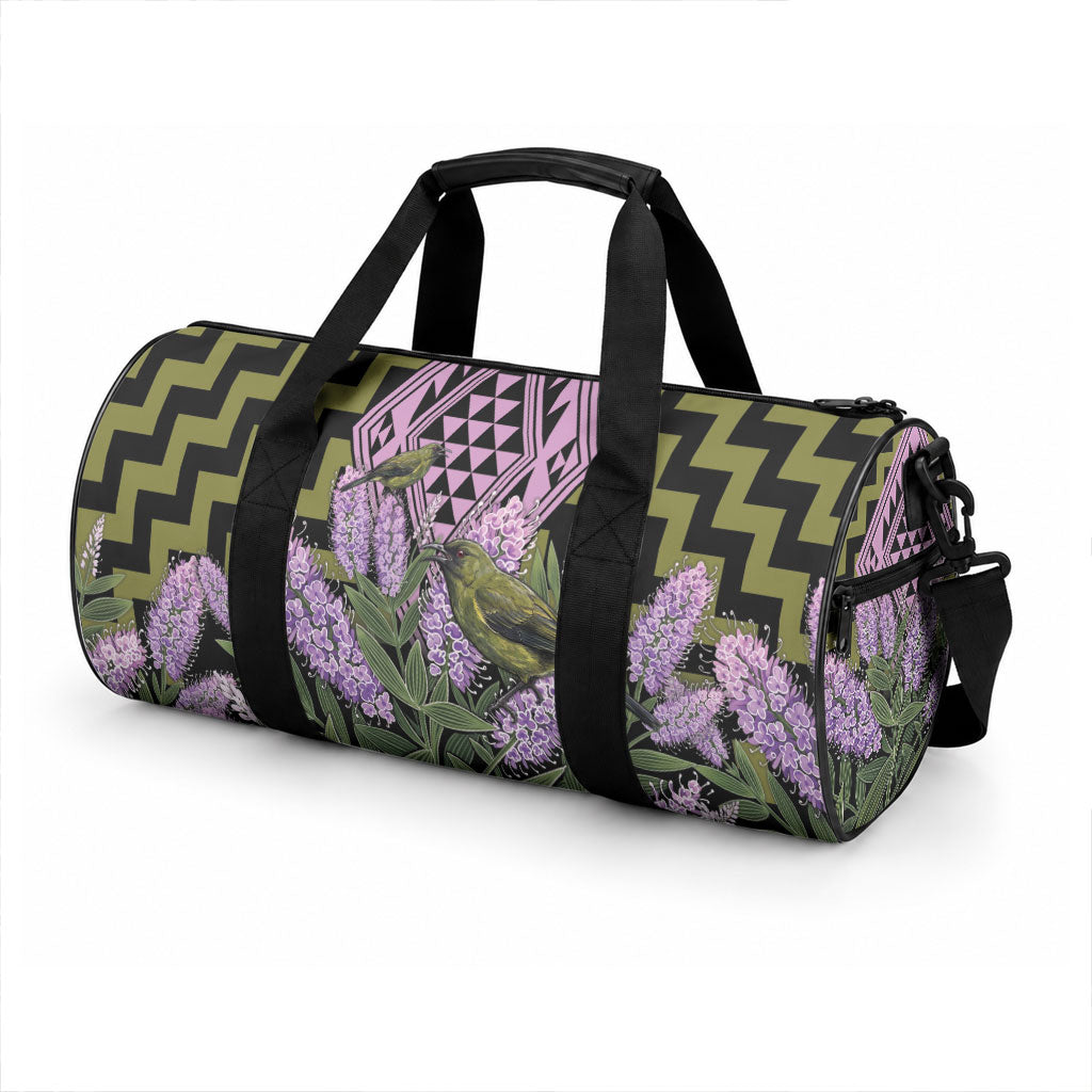 Rongoa Maori New Zealand Koromiko Duffle Bag NZ Hebe Korimako Bellbird Poutama