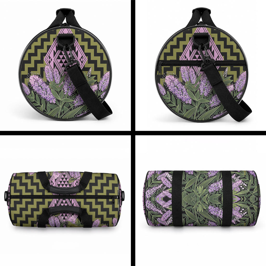 Rongoa Maori New Zealand Koromiko Duffle Bag NZ Hebe Korimako Bellbird Poutama