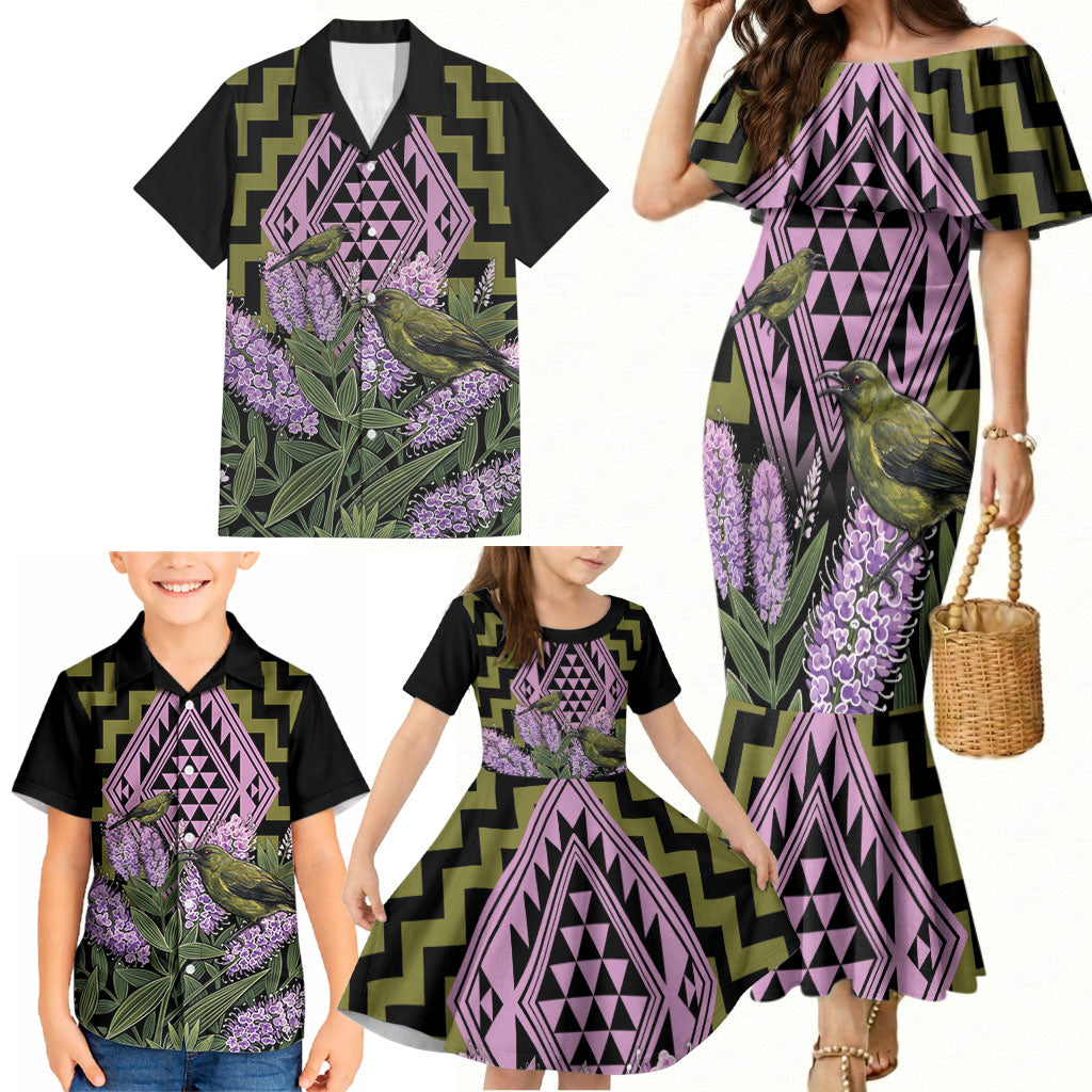 Rongoa Maori New Zealand Koromiko Family Matching Mermaid Dress and Hawaiian Shirt NZ Hebe Korimako Bellbird Poutama