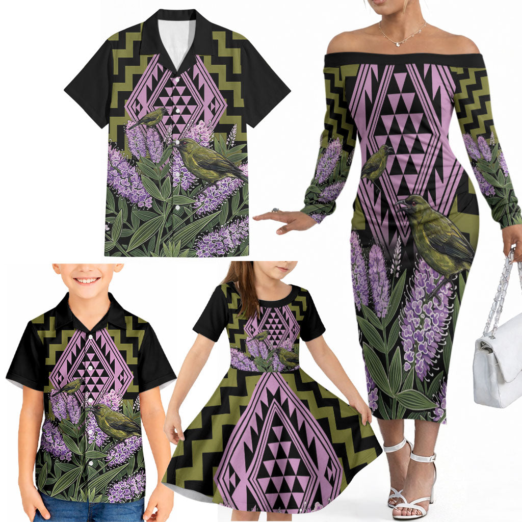 Rongoa Maori New Zealand Koromiko Family Matching Off The Shoulder Long Sleeve Dress and Hawaiian Shirt NZ Hebe Korimako Bellbird Poutama
