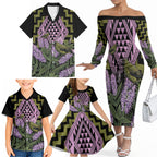 Rongoa Maori New Zealand Koromiko Family Matching Off The Shoulder Long Sleeve Dress and Hawaiian Shirt NZ Hebe Korimako Bellbird Poutama
