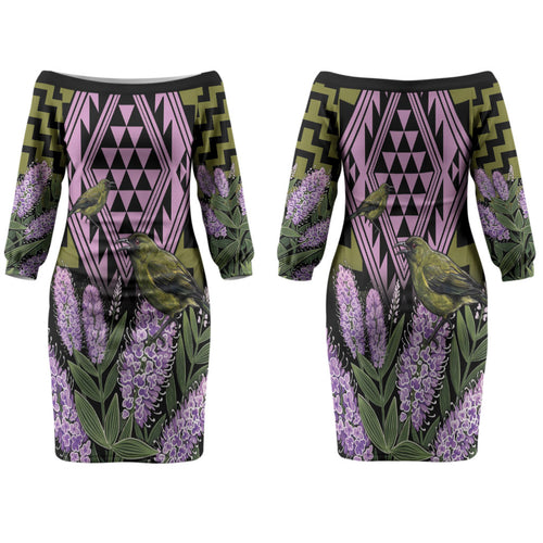 Rongoa Maori New Zealand Koromiko Family Matching Off The Shoulder Long Sleeve Dress and Hawaiian Shirt NZ Hebe Korimako Bellbird Poutama