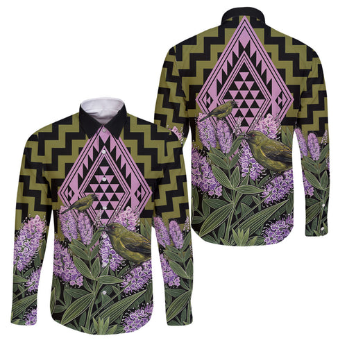 Rongoa Maori New Zealand Koromiko Family Matching Off The Shoulder Long Sleeve Dress and Hawaiian Shirt NZ Hebe Korimako Bellbird Poutama