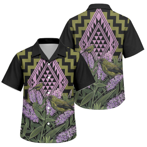 Rongoa Maori New Zealand Koromiko Family Matching Off The Shoulder Long Sleeve Dress and Hawaiian Shirt NZ Hebe Korimako Bellbird Poutama