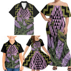 Rongoa Maori New Zealand Koromiko Family Matching Off Shoulder Maxi Dress and Hawaiian Shirt NZ Hebe Korimako Bellbird Poutama
