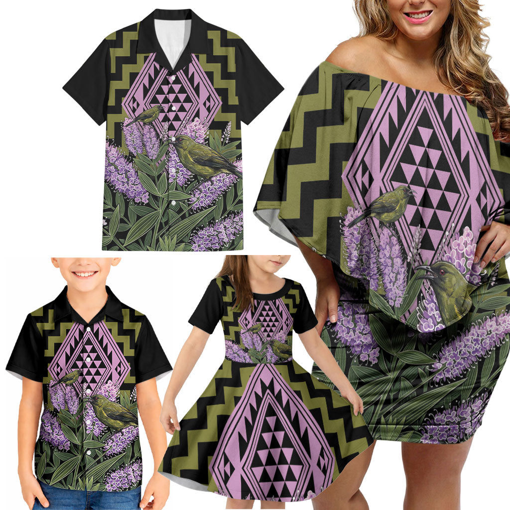 Rongoa Maori New Zealand Koromiko Family Matching Off Shoulder Short Dress and Hawaiian Shirt NZ Hebe Korimako Bellbird Poutama
