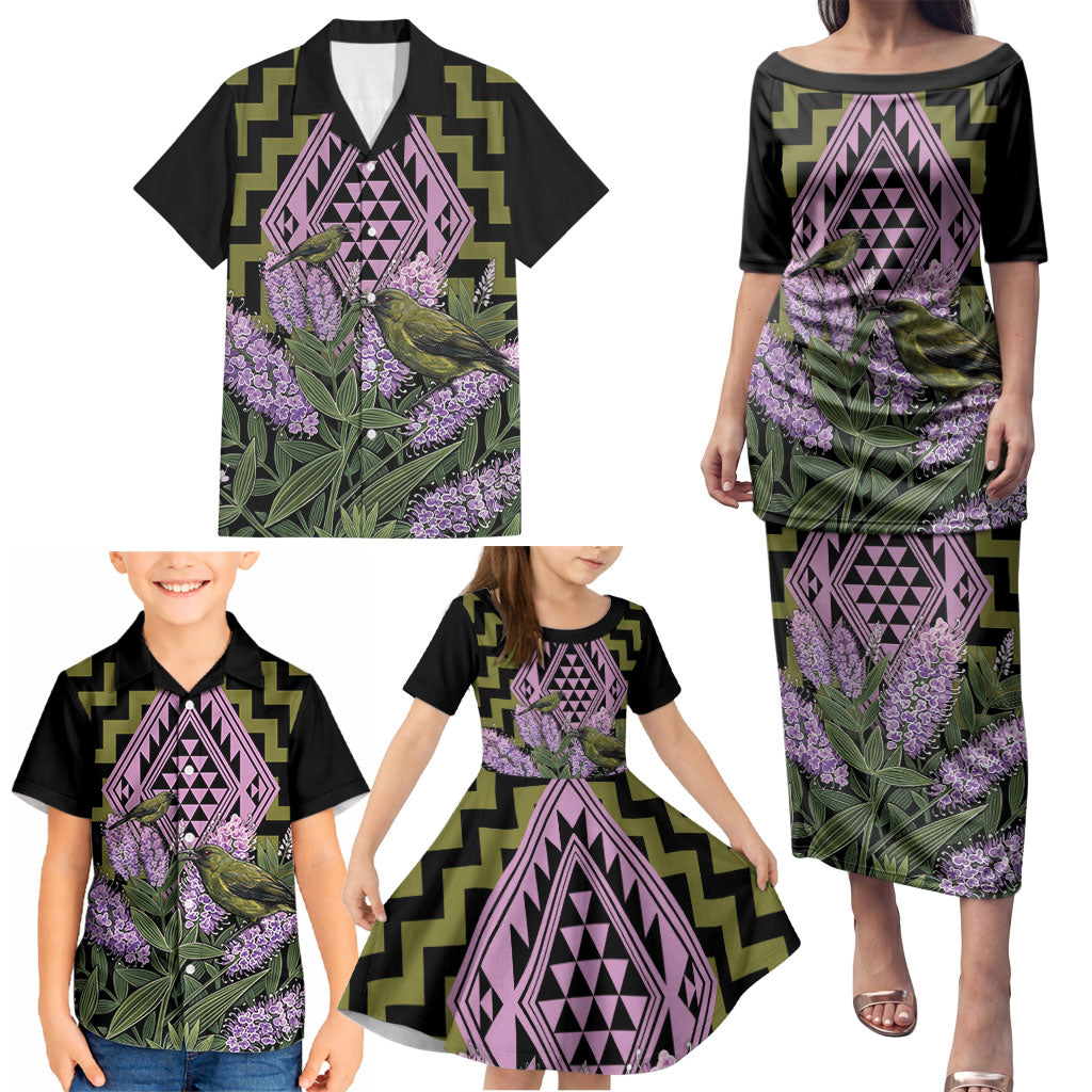 Rongoa Maori New Zealand Koromiko Family Matching Puletasi and Hawaiian Shirt NZ Hebe Korimako Bellbird Poutama
