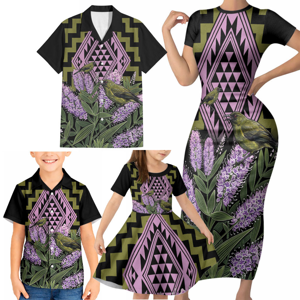 Rongoa Maori New Zealand Koromiko Family Matching Short Sleeve Bodycon Dress and Hawaiian Shirt NZ Hebe Korimako Bellbird Poutama