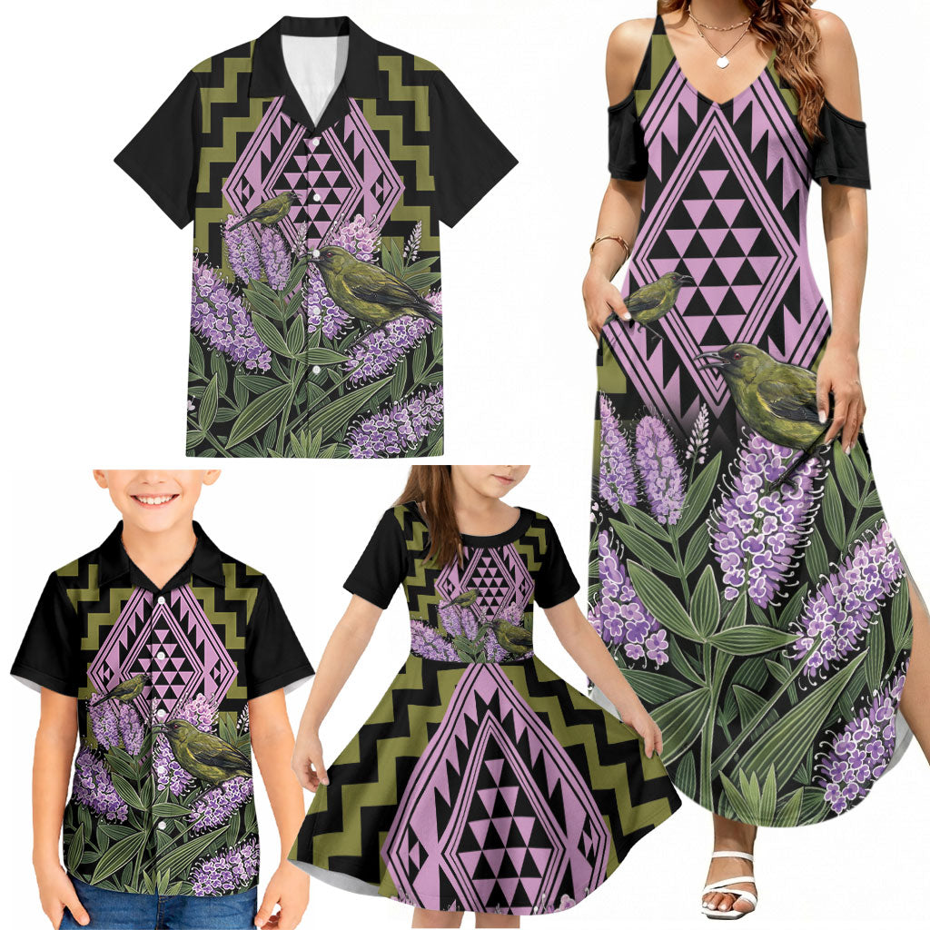 Rongoa Maori New Zealand Koromiko Family Matching Summer Maxi Dress and Hawaiian Shirt NZ Hebe Korimako Bellbird Poutama