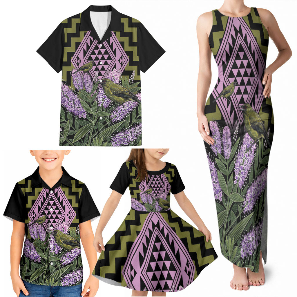 Rongoa Maori New Zealand Koromiko Family Matching Tank Maxi Dress and Hawaiian Shirt NZ Hebe Korimako Bellbird Poutama