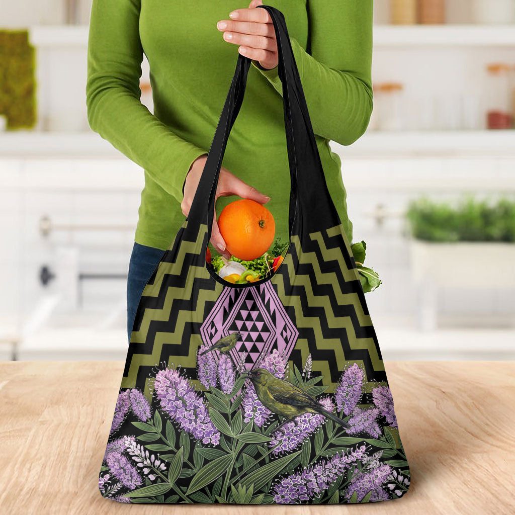 Rongoa Maori New Zealand Koromiko Grocery Bag NZ Hebe Korimako Bellbird Poutama