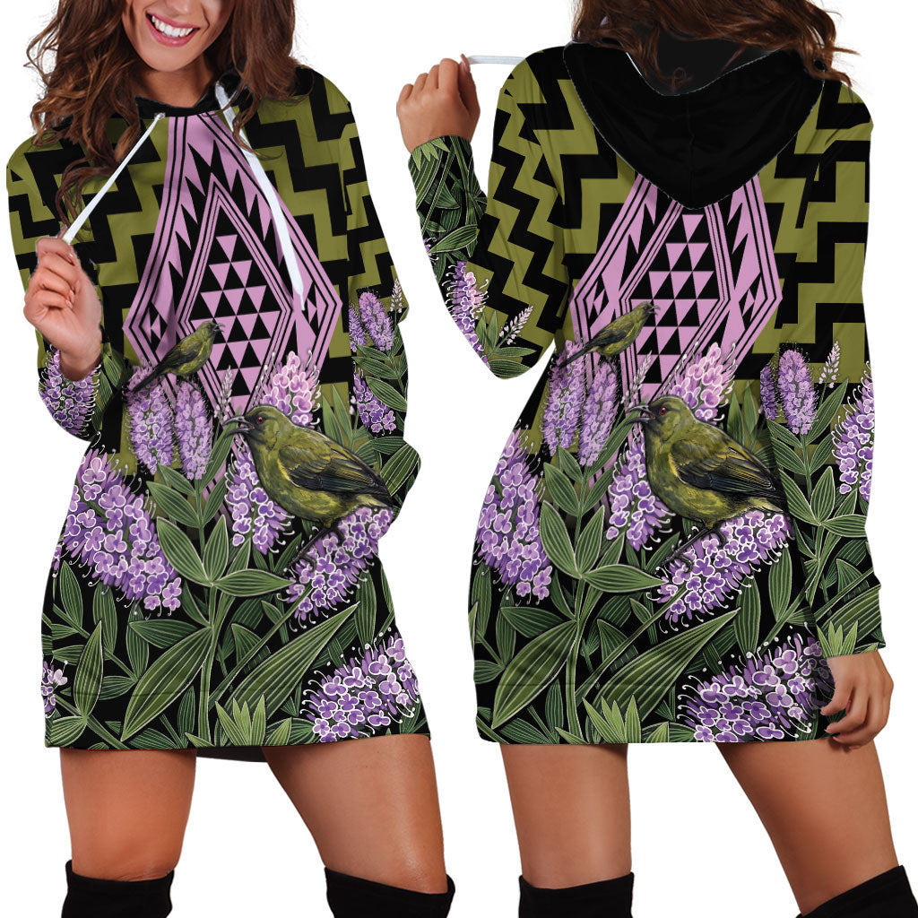 Rongoa Maori New Zealand Koromiko Hoodie Dress NZ Hebe Korimako Bellbird Poutama