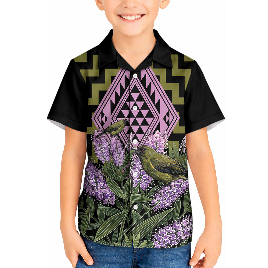 Rongoa Maori New Zealand Koromiko Kid Hawaiian Shirt NZ Hebe Korimako Bellbird Poutama